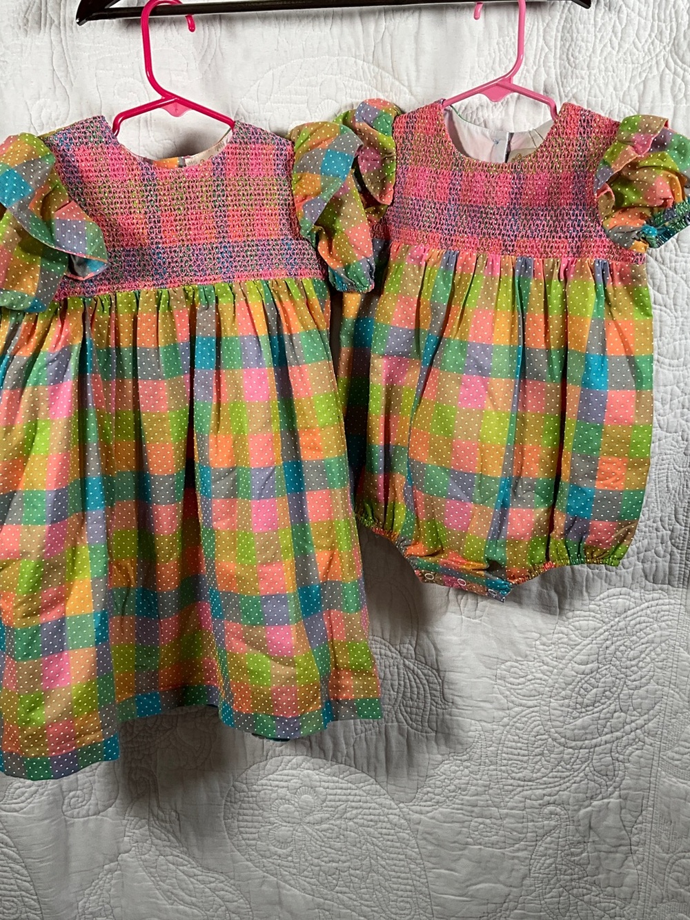 SISTER SET SIZE 5 Bright Multi-Color Smocked Children's Dress and Bubble Romper